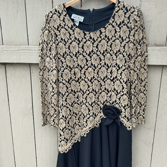 Vintage ANNA 1980's Formal Cocktail Dress Mobwife Metallic Lace Overlay 80's L - Picture 2 of 8